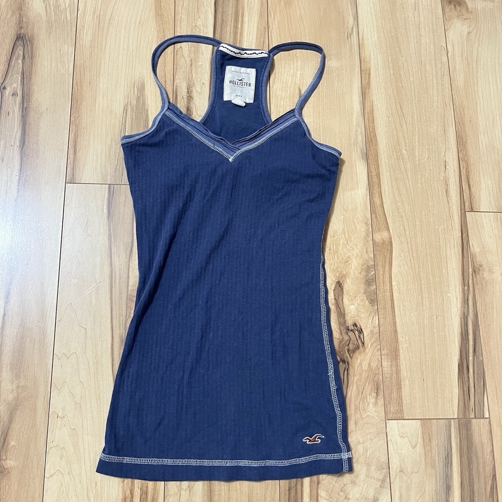 Vintage Hollister Y2K Cami Tank Top With Shelf Bra Ribbon Trim Sz S Blue V Neck